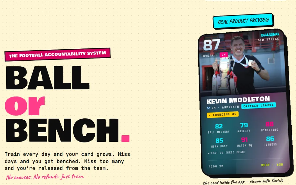 Ball or Bench home page with a player card