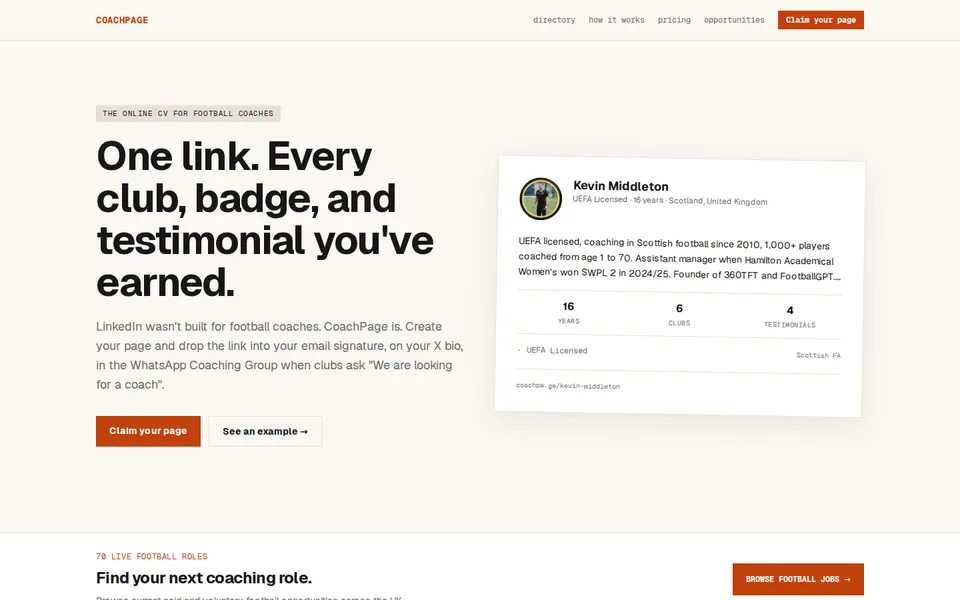 CoachPage home page: one link for every club, badge and testimonial