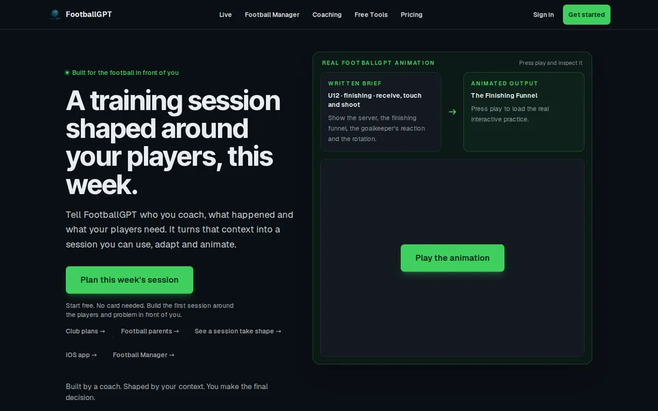 FootballGPT home page: a training session shaped around your players